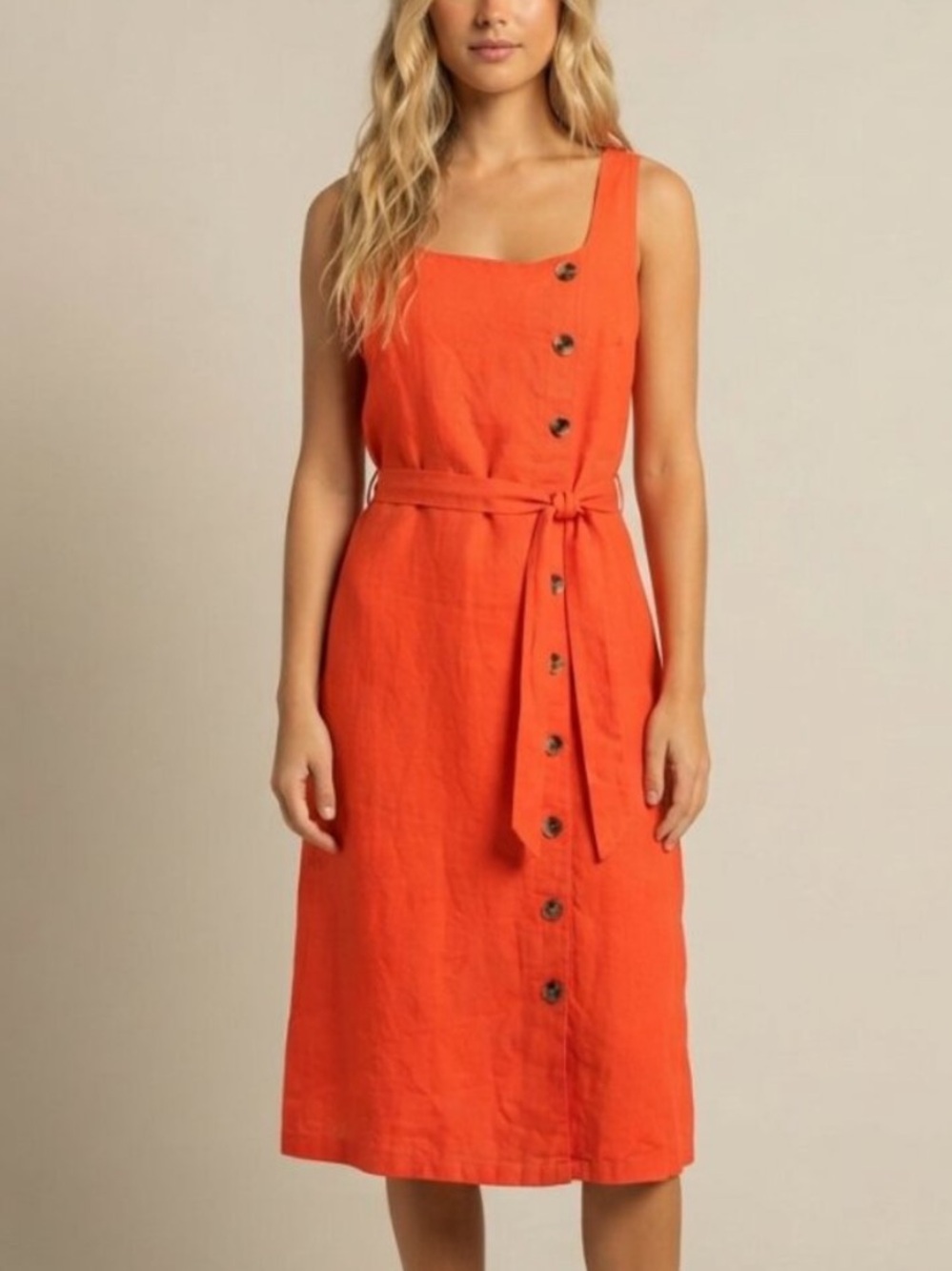 NEW Ann Taylor red Orange Linen Blend Button-Front Midi Dress 14 39941